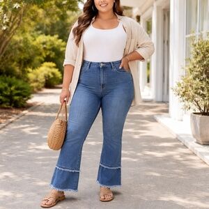 Charlie B Cotton Blend High Rise Flare Jeans | Frayed Raw Hem Patchwork Denim